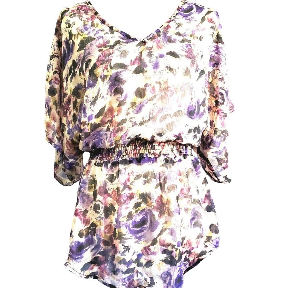 Susie Rose Sheer Tunic Top Size M Purple Floral Elastic Waist Cottage Comfort